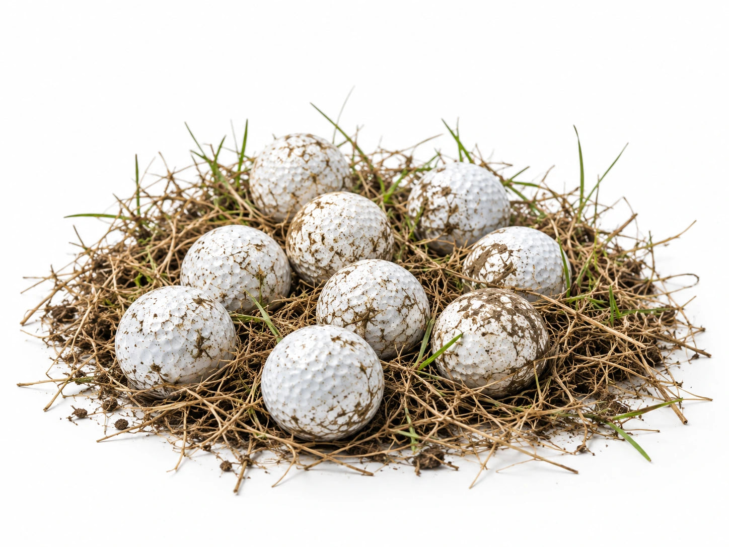 A pile of muddy golf balls nestled in clumps of rough grass