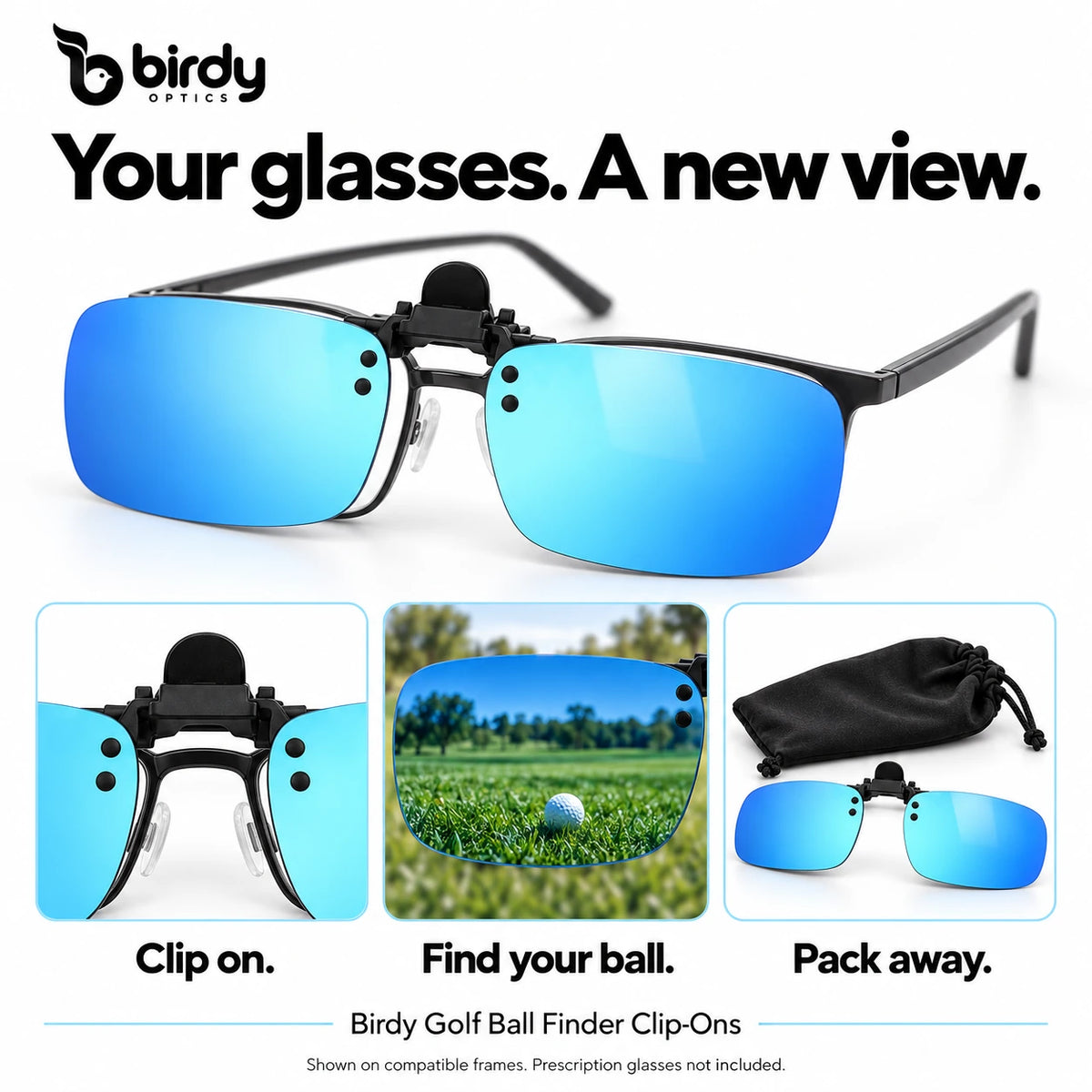 Birdy Ice Blue clip-on lens design and attachment illustration