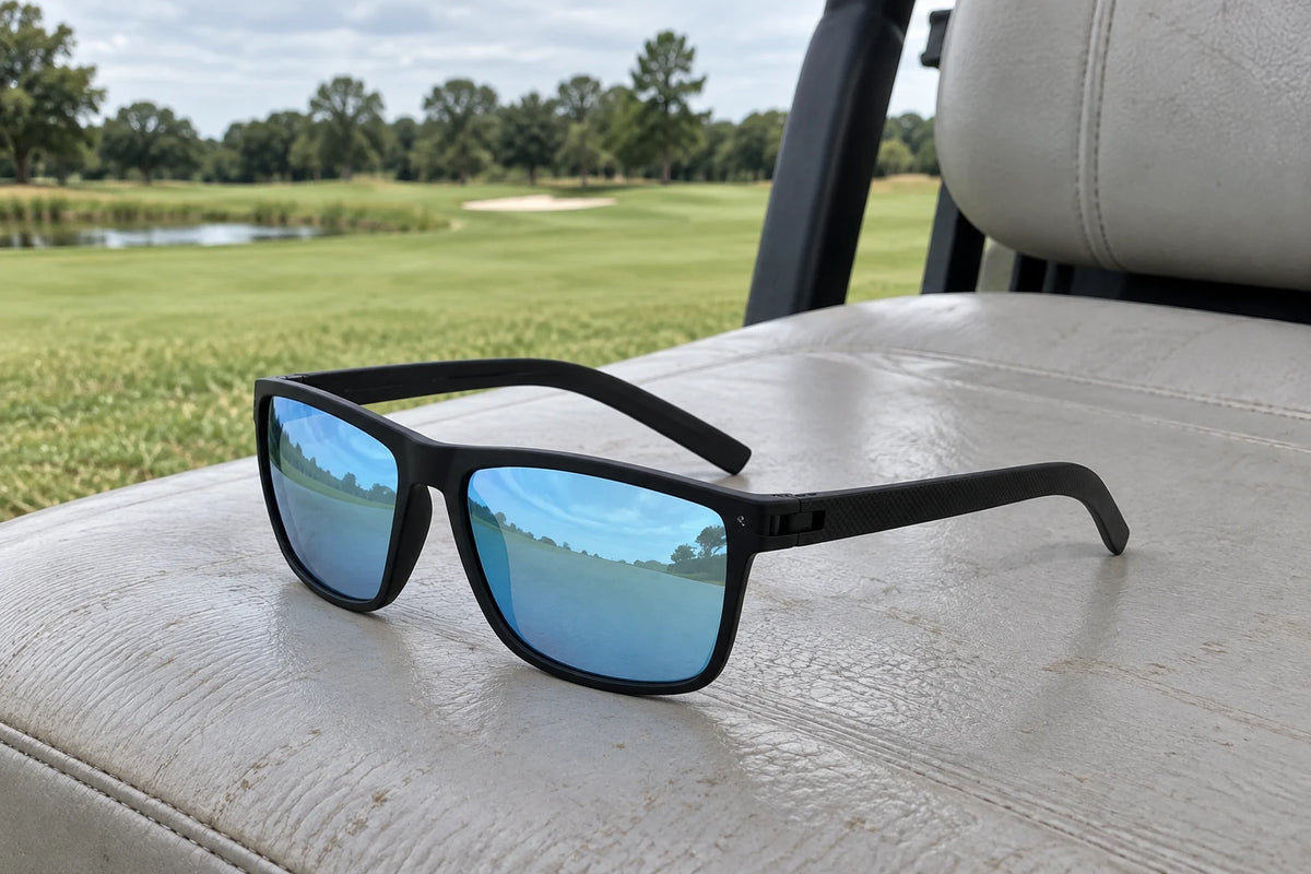 Birdy Ice Blue glasses resting on a golf cart seat beside the course