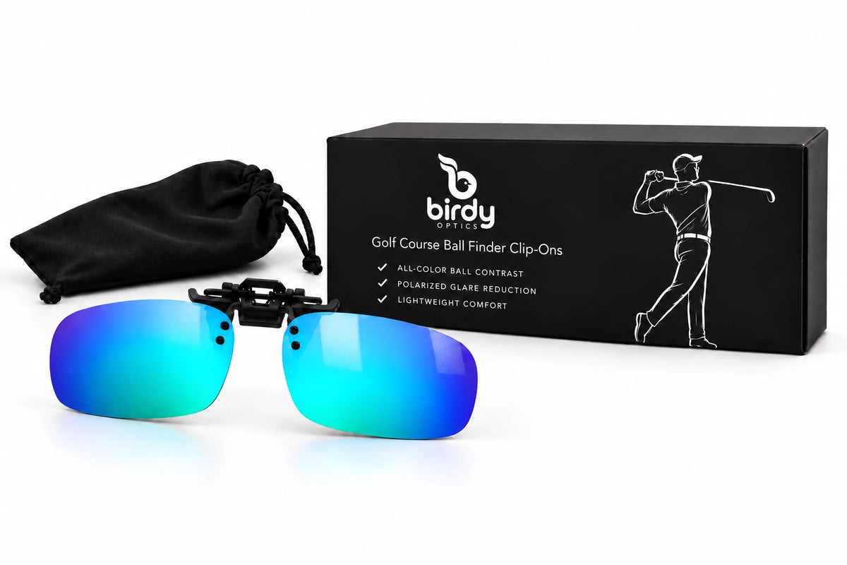 Birdy Blue Green clip-on lenses, branded presentation box and small storage pouch on a white studio background