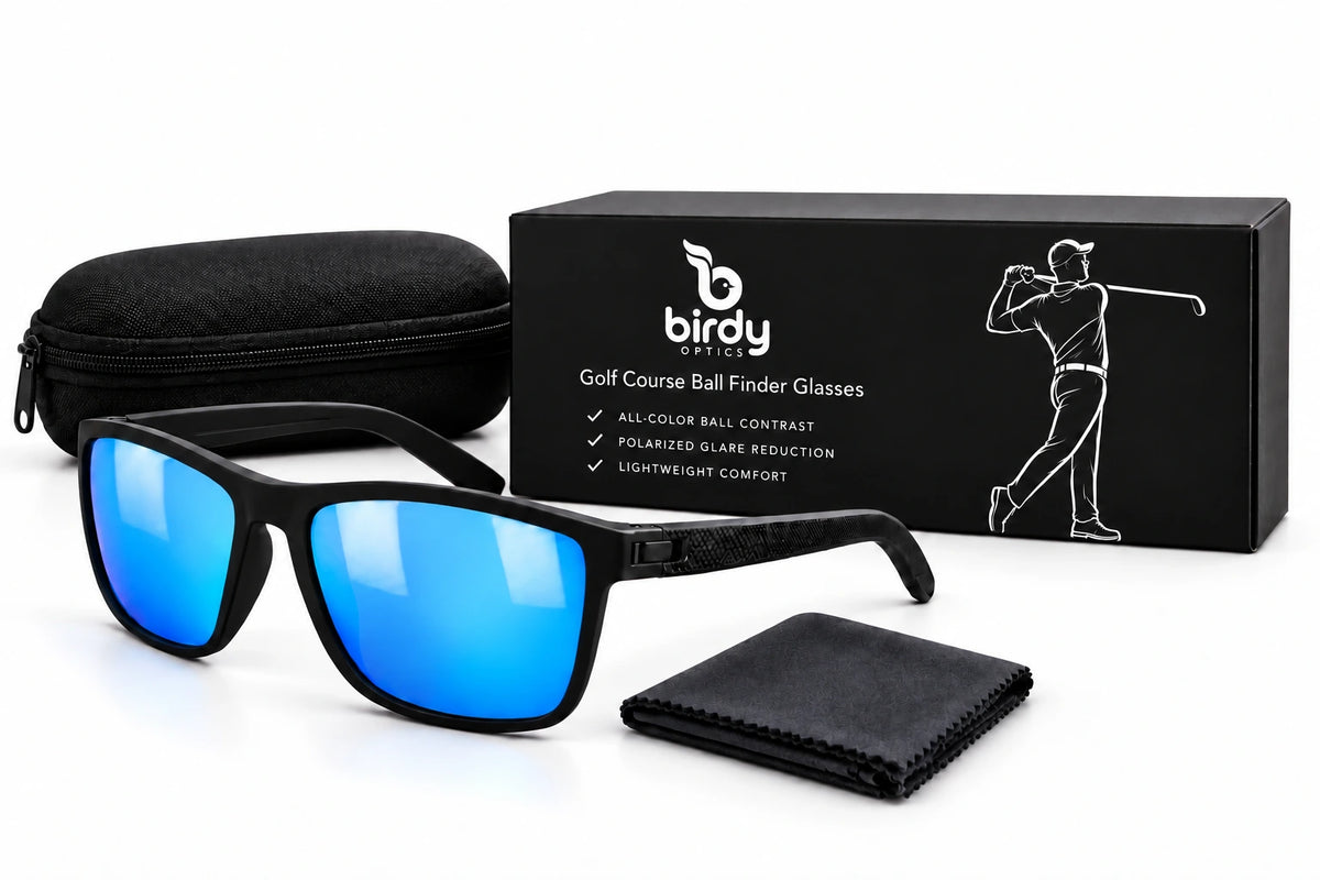 Birdy black and ice-blue golf glasses with box, black case and cleaning cloth