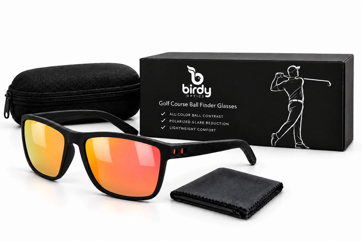 Birdy Black Fire golf glasses, branded presentation box, case and cleaning cloth on a white studio background