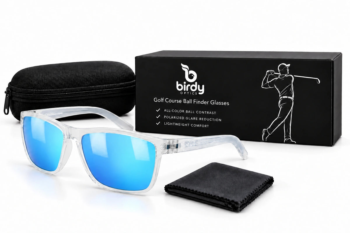 Birdy Crystal Ice Blue golf glasses, branded presentation box, case and cleaning cloth on a white studio background