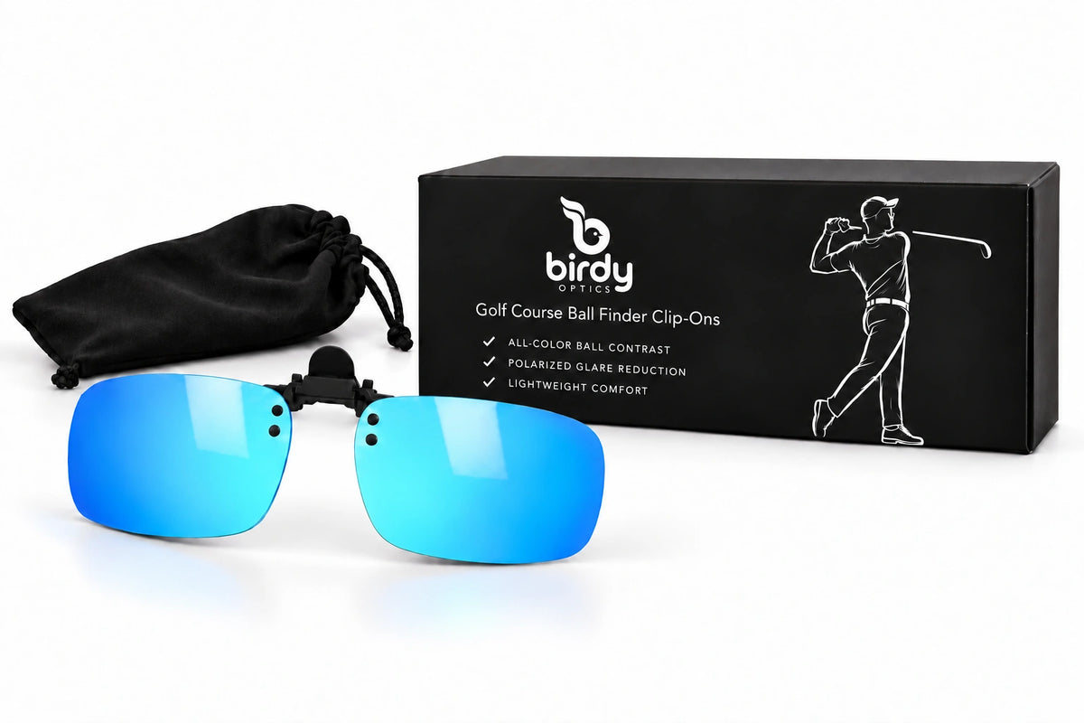 Birdy Ice Blue clip-on lenses, branded presentation box and small storage pouch on a white studio background