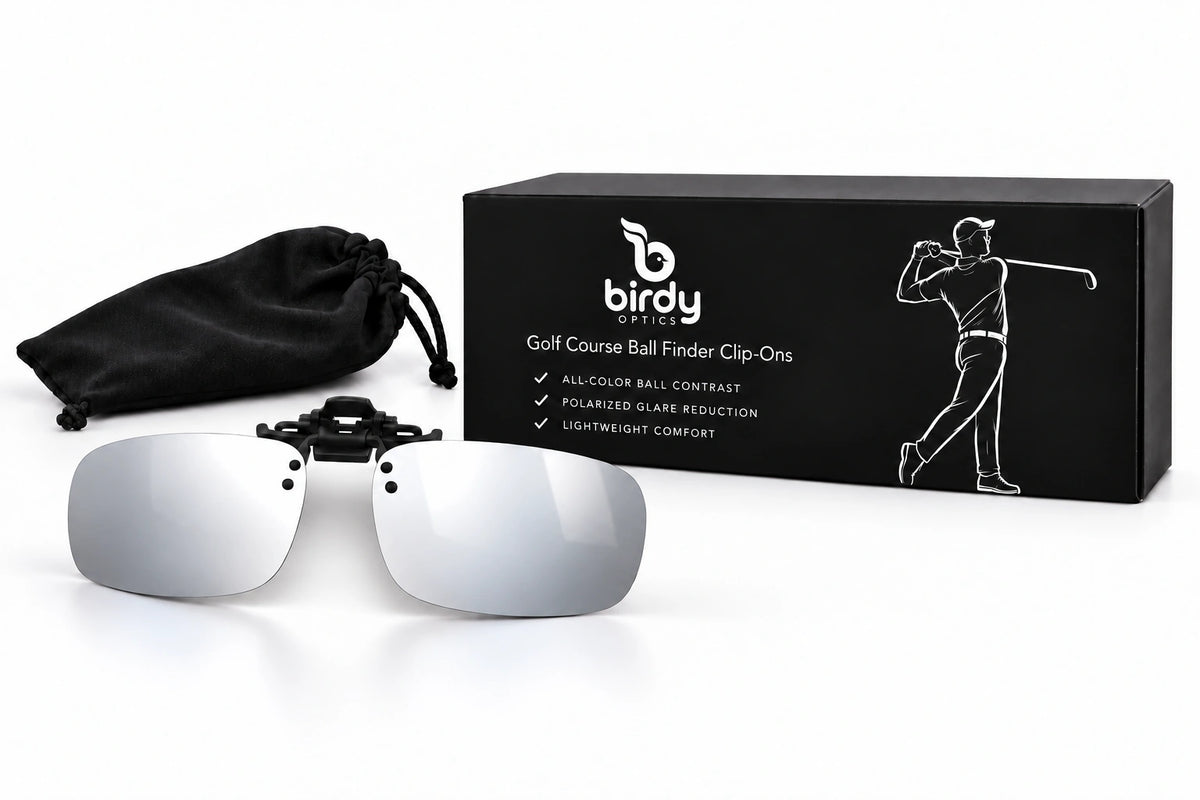 Birdy Silver clip-on lenses, branded presentation box and small storage pouch on a white studio background