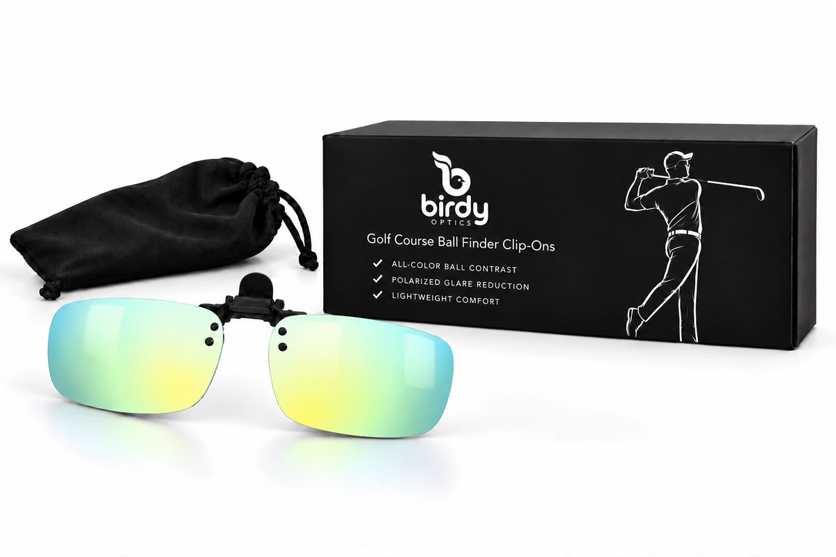 Birdy Yellow Green clip-on lenses, branded presentation box and small storage pouch on a white studio background