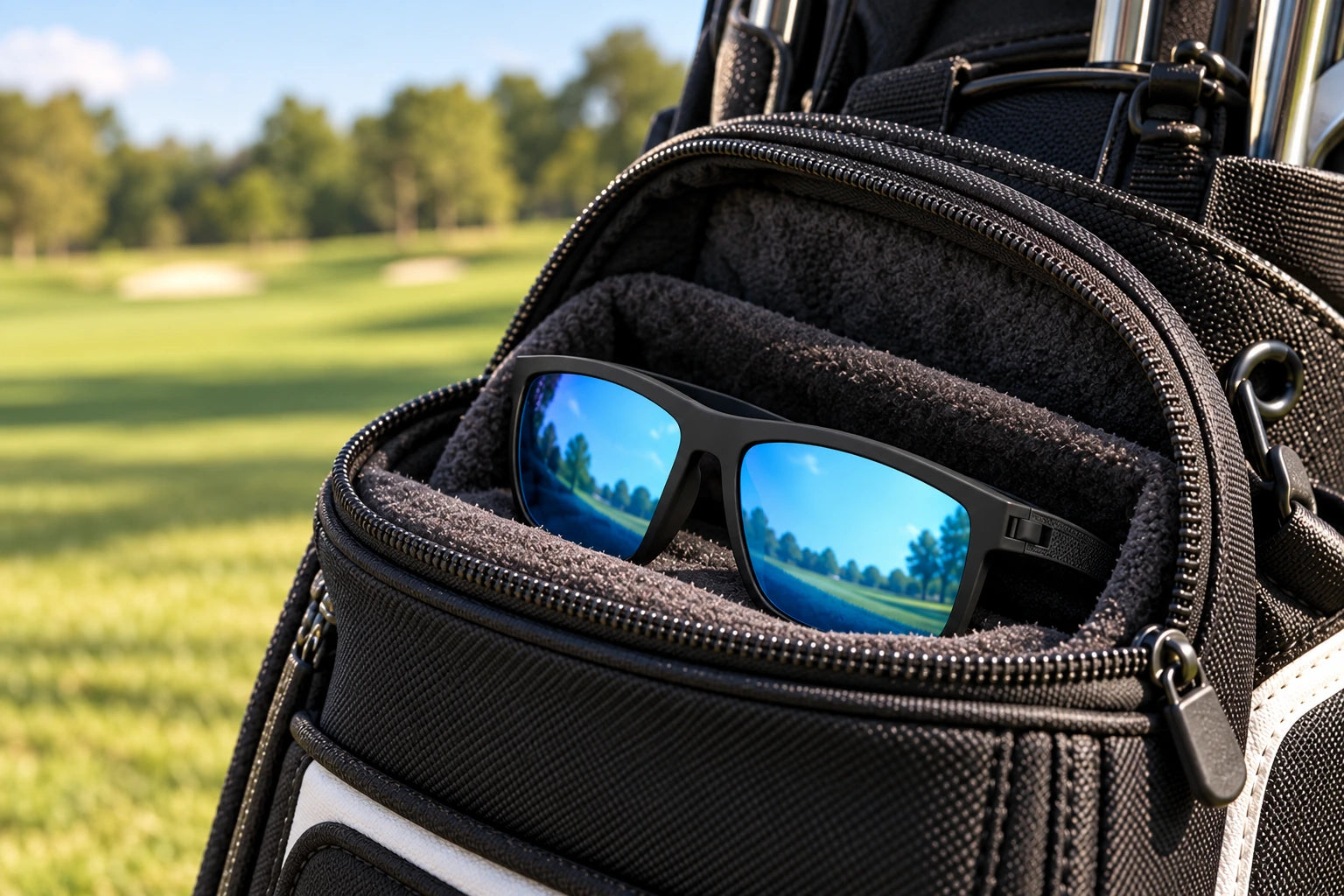 One black-frame, ice-blue Birdy pair tucked into the accessory pocket of a golf bag